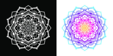 Mandala pattern mixed with modern Thai art in floral shape, Left image is isolated white on black background, Right image is merge gradient color. Vector Illustration.