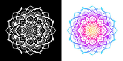 Mandala pattern mixed with modern Thai art in floral shape, Left image is isolated white on black background, Right image is merge gradient color. Vector Illustration.