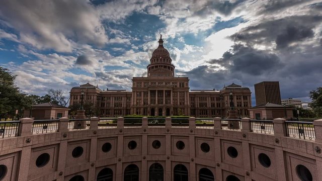 Timelapse of Texas state capital building with dramatic cloud moving