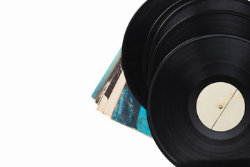 Vinyl record albums isolated on white background. Copy space