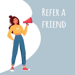 A woman with a megaphone shouts. Blue background with the inscription 