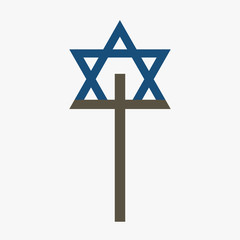 Combination of Star of David with Cross religious symbols. Harmony of two monotheistic religions concept symbolizes equality, hope, religious freedom and acceptance of the other. Flat design icon.
