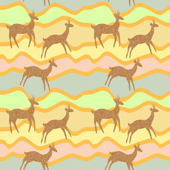 Vector seamless pattern with a troop of antelopes on sand dunes. Pastel colors, waves, silhouettes. For textil or paper design