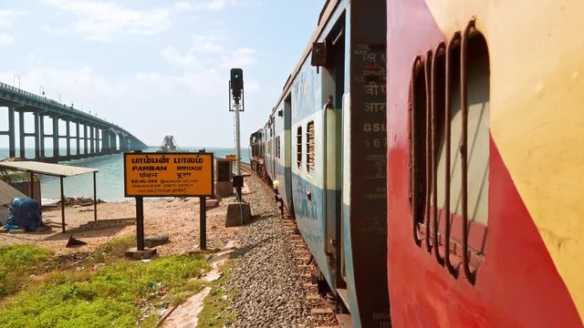 Rameshwaram, India. View of Pamban bridge in Rameshwaram. First indian bridge, which connects Pamban island and mainland India.