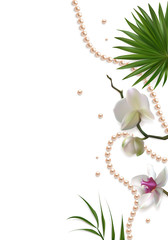 White orchids. Beautiful exotic flowers. Tropical background. Petals. Flower pattern. Pearls. Jewelry. Palm leaves.