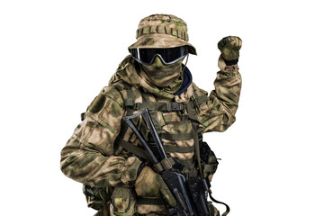 Fototapeta premium Special forces soldier with rifle. Shot in studio. Isolated with clipping path on white background. 