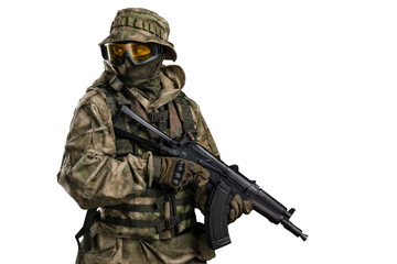 Special forces soldier with rifle. Shot in studio. Isolated with clipping path on white background.
