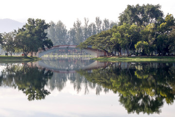 Naklejka na ściany i meble Landscape lake view on morning in Yala city, Thailand.