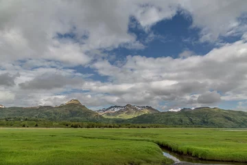 Foto op Canvas Mountain with blue sky tall grass and a river stream Kodiak, Alaska © Melissa Baines