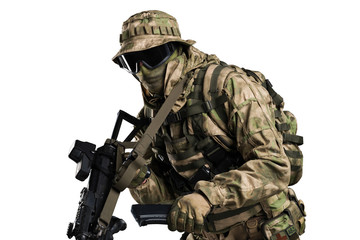 Fototapeta premium Special forces soldier with rifle. Shot in studio. Isolated with clipping path on white background. 