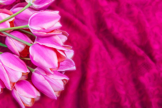 Bright pink tulips bouquet on blurred dark red background.Flat lay.Copy space.Сoncept of decoration for the holidays, wallpapers, cards.