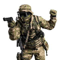 Special forces soldier with rifle. Shot in studio. Isolated with clipping path on white background.
