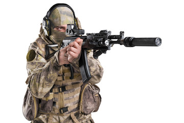 Fototapeta premium Special forces soldier with rifle. Shot in studio. Isolated with clipping path on white background. 