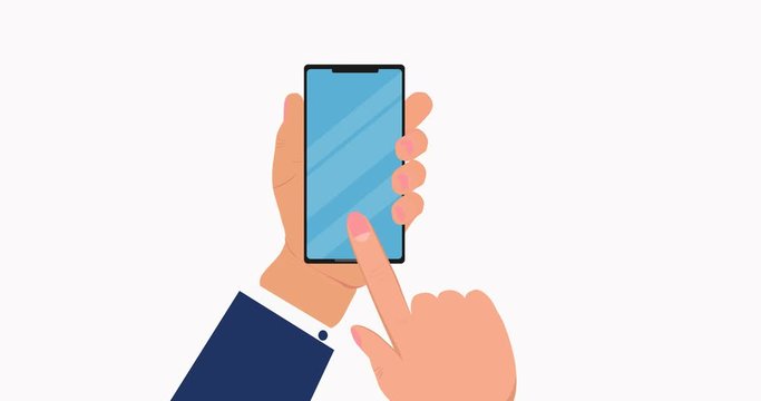 Touchscreen smartphone video in 4K. Cartoon animation of unlock mobile phone. Hand is holding device, finger is touching empty, blue, blink screen.