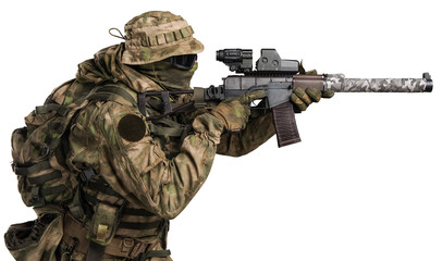 Fototapeta premium Special forces soldier with rifle. Shot in studio. Isolated with clipping path on white background.