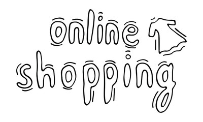 Vector lettering illustration of online shopping on white background. Express delivery. Doodle style. Isolated lettering with dress. Concept for shopping, clothing store.