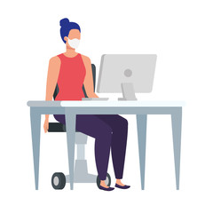 young woman using face mask in workplace vector illustration design