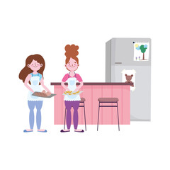 people cooking, girls with bread and pastry in the kitchen