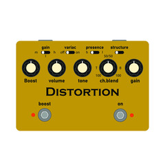 boutique Gold vintage distortion sound electric guitar stomp box effect with black knob and gold body, graphic icon design. t-shirt artwork. Use in music business.