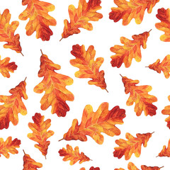 Seamless raster pattern with watercolor autumn oak leaves. Perfect for greetings, invitations, manufacture wrapping paper, textile, wedding and web design.