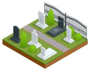 Isometric Rows of tombstones in cemetery isolated om white. Death, coffin, funeral.