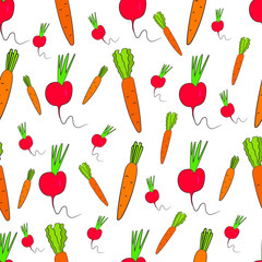 Carrot and radish on a white background seamless pattern. For fabric, print, website, cover, Wallpaper.