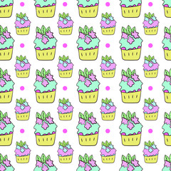 Cakes with cream seamless pattern on a white background. For paper, wallpaper, print, wab, site, cover.