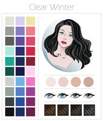 Clear winter. Color type of appearance of women. With a palette of colors suitable for this type of appearance.
