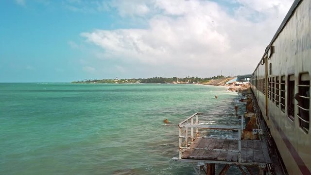 Rameshwaram, India. View of Pamban bridge in Rameshwaram. First indian bridge, which connects Pamban island and mainland India.