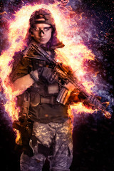 Naklejka premium Female police officer with pink hair burns. Uniform conforms to elite task force of the United States. Shot in studio. Isolated with clipping path. 