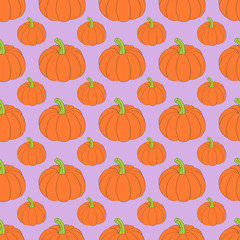 Orange pumpkins on a lilac background seamless pattern. For design, textile, print, paper, Wallpaper, website.