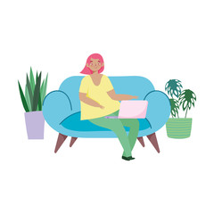 working remotely, young woman sitting on sofa with laptop plants