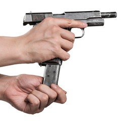 Handgun in male hand isolated on white background