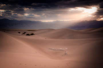Fototapeta na wymiar Sunray over Mesquite flat sand dunes field