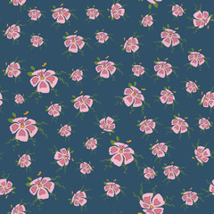 Seamless pattern of exotic flowers in navy blue and pink colors. Hibiscus hand drawn, holiday pattern, summer pattern, beach flowers. For web, print, digital. Backdrop, element, texture, fabric.