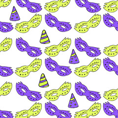 Colored masks and festive caps on a white background seamless pattern.  For wallpaper,  paper,  website,  cover,  design. 