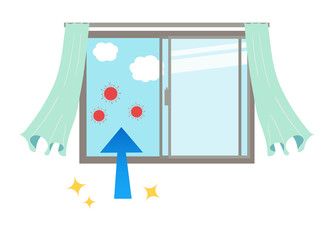 窓を開けて換気するとカーテンが揺れるベクターイラスト