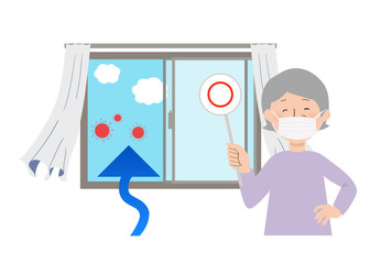 丸の札を持ってマスクをするおばあちゃんと窓を開けて換気するとカーテンが揺れるベクターイラスト