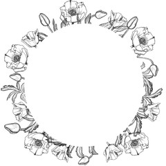 Round photo frame made of poppy flowers and leaves black and white. Mourning frame of black and white wildflowers
