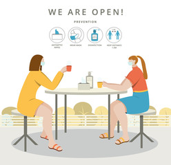 We are open again after coronavirus.Two women drinking coffee in Open Air Cafe after pandemic.Keep social distance. Cute Flat Vector Illustration.Pretty girls sitting outdoors wearing medical mask.