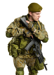 Fototapeta premium Male Russian officer in mechanized infantry uniform isolated with clipping path on white background. 