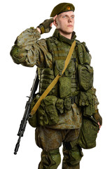 Obraz premium Male Russian officer in mechanized infantry uniform isolated with clipping path on white background. 