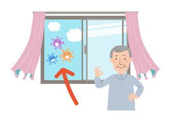 窓を開けて換気するとカーテンが揺れるベクターイラスト