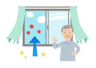 窓を開けて換気するとカーテンが揺れるベクターイラスト