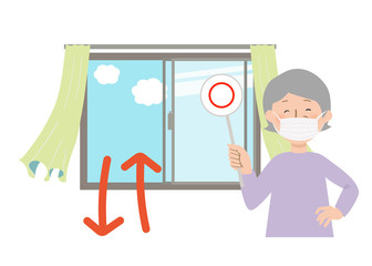 丸の札を持ってマスクをするおばあちゃんと窓を開けて換気するとカーテンが揺れるベクターイラスト