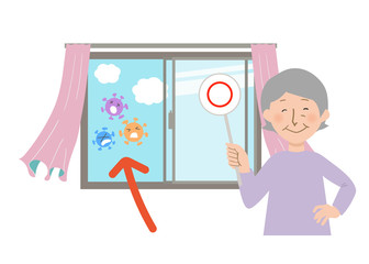 丸ばつクイズの札を持ったおばあちゃんと窓を開けて換気するとカーテンが揺れるベクターイラスト