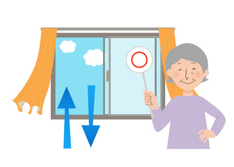 丸ばつクイズの札を持ったおばあちゃんと窓を開けて換気するとカーテンが揺れるベクターイラスト
