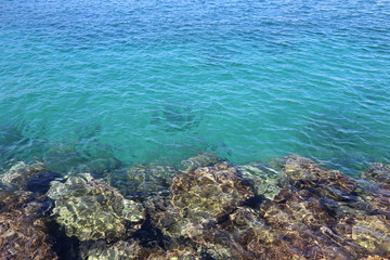 Naklejka na ściany i meble Bright turquoise sea water and stones near the shore