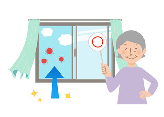 丸ばつクイズの札を持ったおばあちゃんと窓を開けて換気するとカーテンが揺れるベクターイラスト