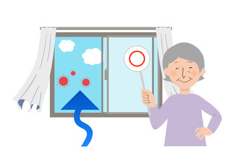 丸ばつクイズの札を持ったおばあちゃんと窓を開けて換気するとカーテンが揺れるベクターイラスト